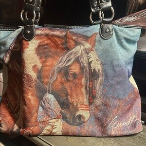 Montana West - Canvas Horse Print Tote Bag in Brown and Blue